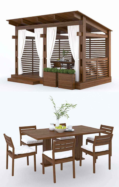 带桌椅的木质户外凉亭 花园凉亭3D模型（FBX,MAX）