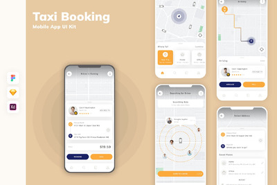 出租车预订移动应用 APP UI KIT (SKETCH,FIG,XD)