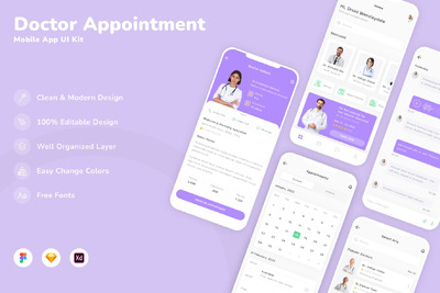 医生预约移动应用App UI Kit (SKETCH,FIG,XD)