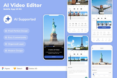 AI 视频编辑器移动应用App UI Kit (SKETCH,FIG,XD)