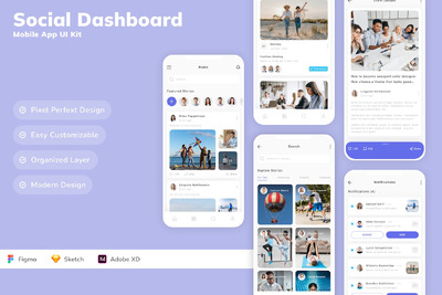 社交仪表板移动应用App UI Kit (SKETCH,FIG,XD)