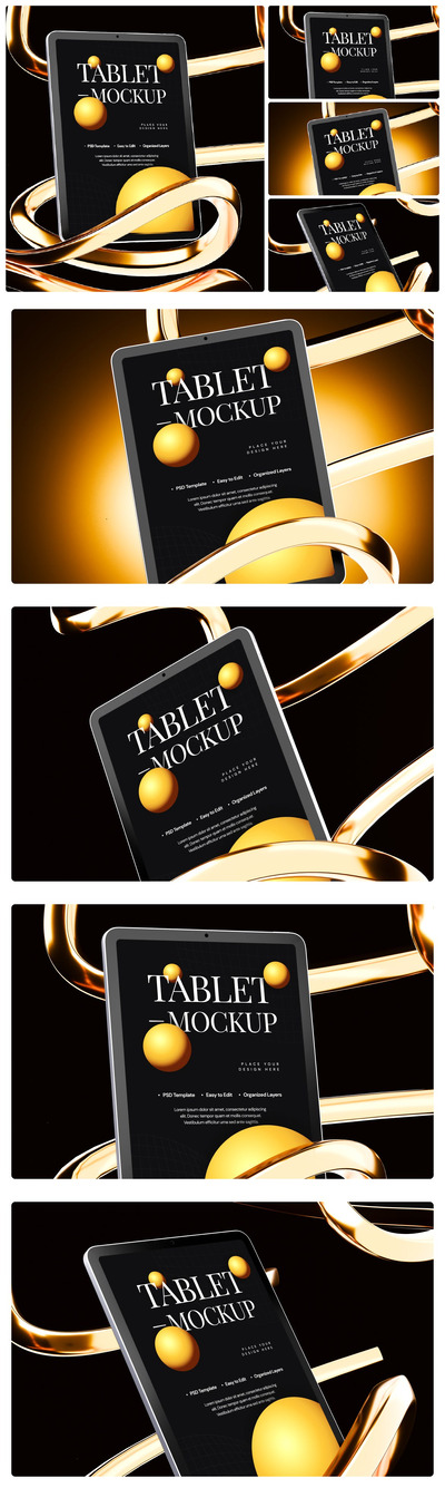 金色赛博朋克肖像平板电脑样机 (PSD)