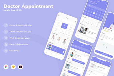 医生预约移动应用App UI Kit (SKETCH,FIG,XD)