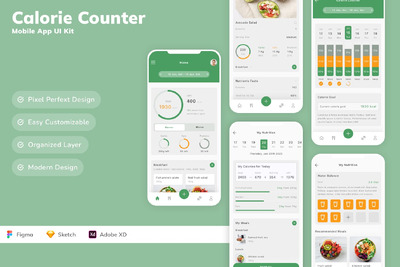 卡路里计数器移动应用App UI Kit (SKETCH,FIG,XD)