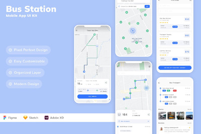公交车站移动应用 App UI Kit (SKETCH,FIG,XD)
