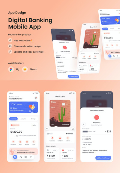 数字银行移动应用APP UI KIT (FIG,SKETCH)