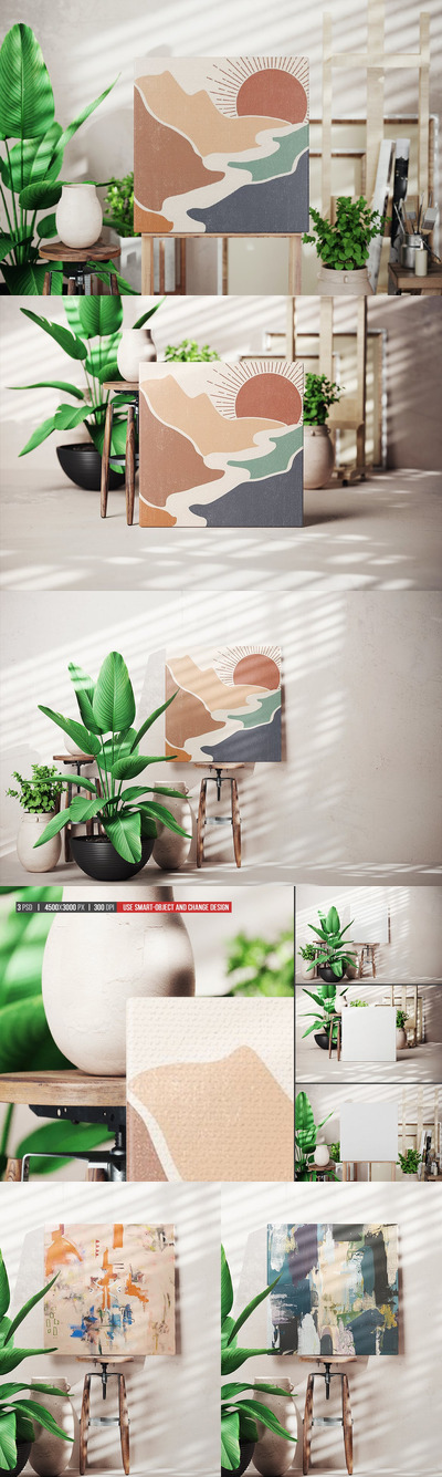 艺术工作室样机中的方形画布框架 (PSD)
