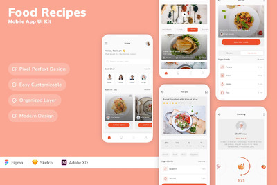 食物食谱移动应用APP UI KIT (SKETCH,FIG,XD)