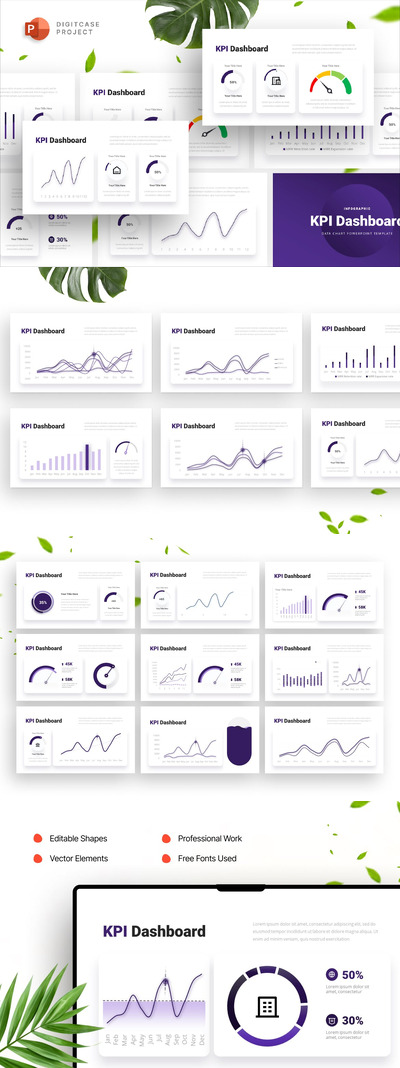 纯紫色 KPI 仪表板演示模板PPT模板 (PPTX)