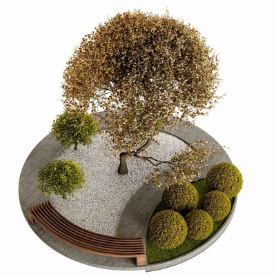 包含鹅卵石地面 弧形长凳的圆形户外植物花坛 花园景观3D模型（OBJ,MAX）