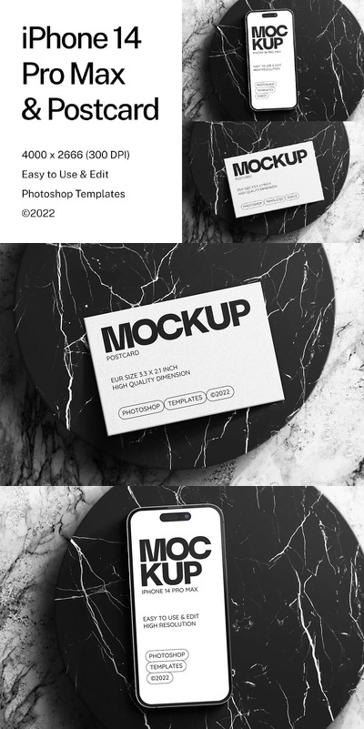 iPhone 14 Pro Max 手机和明信片样机 (PSD)