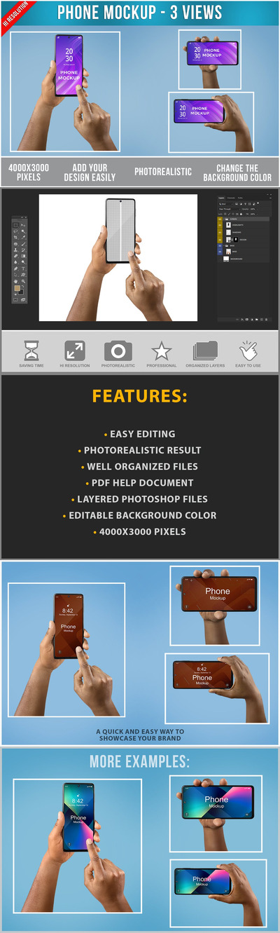 手模板中的电话样机 (PSD)