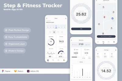 计步和健身追踪器移动应用APP UI KIT (SKETCH,FIG,XD)