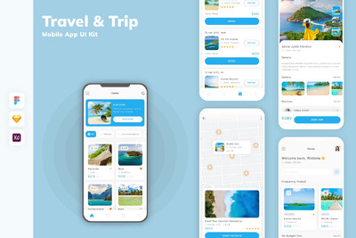 旅行和旅行移动应用APP UI KIT (SKETCH,FIG,XD)