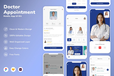 医生预约移动应用 App UI Kit (SKETCH,FIG,XD)