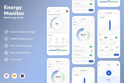 能源监测移动应用 App UI Kit (SKETCH,FIG,XD)