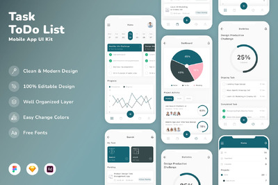 任务和待办事项列表移动应用 App UI Kit (SKETCH,FIG,XD)