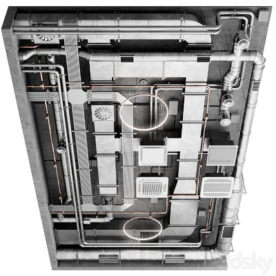包含照明和通风管道的工业屋顶系统3D模型（FBX,MAX）