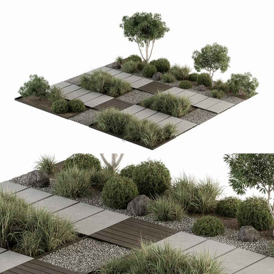 包含绿植 鹅卵石 石板路的花园庭院设计3D模型（OBJ,MAX）