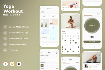 瑜伽和锻炼移动应用APP UI KIT (SKETCH,FIG,XD)