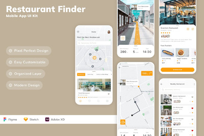 餐厅查找移动应用  APP UI KIT (SKETCH,FIG,XD)