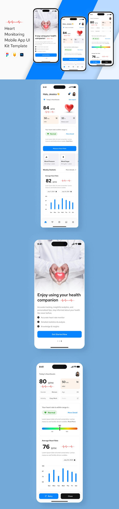 心率监测器移动应用  APP UI KIT (FIG,PSD,SKETCH)