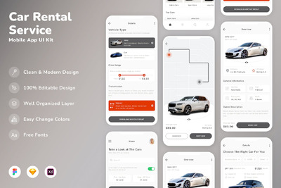 汽车租赁服务移动应用APP UI KIT (SKETCH,FIG,XD)
