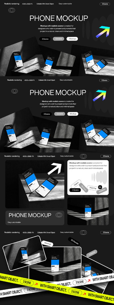 带有戏剧性阴影的时尚智能手机样机 (PSD)