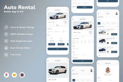 汽车租赁移动应用APP UI KIT (SKETCH,FIG,XD)