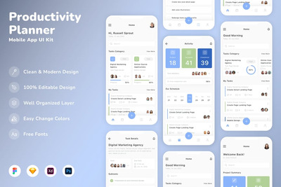 生产力规划器移动应用APP UI KIT (SKETCH,FIG,XD,PSD)