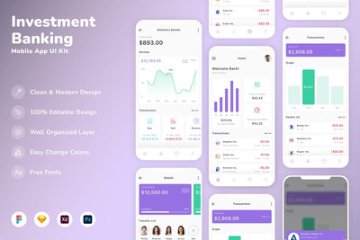 投资与银行移动应用APP UI KIT (SKETCH,FIG,XD,PSD)