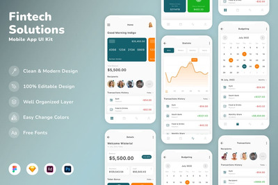 金融科技解决方案移动应用APP UI KIT (SKETCH,FIG,XD,PSD)