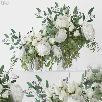 玻璃瓶中的玫瑰和牡丹花束3D模型（OBJ,FBX,MAX）