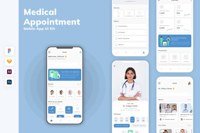 医疗预约移动应用 App UI Kit (SKETCH,FIG,XD,PSD)