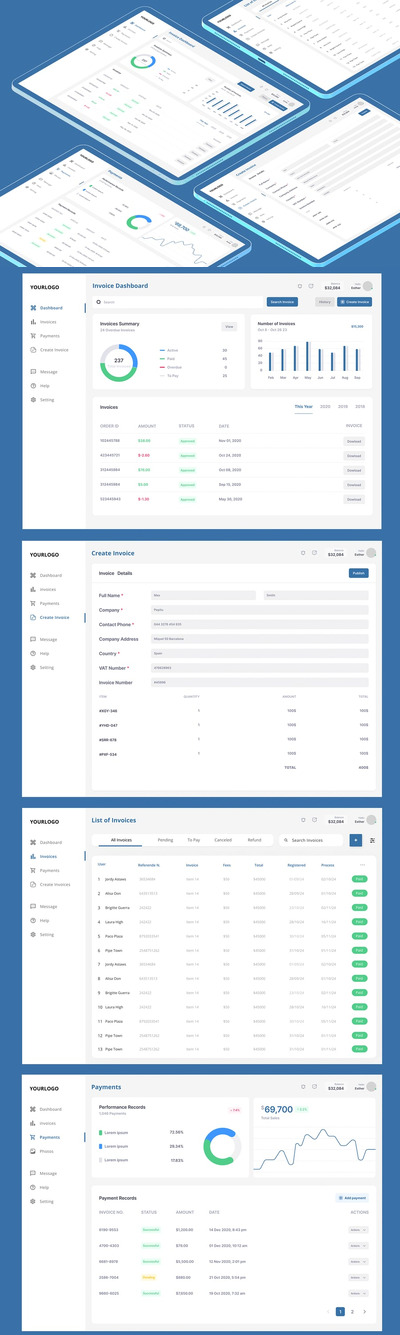发票仪表板、支付账单 Web 应用网页模版 (FIG,SKETCH,SVG,XD)