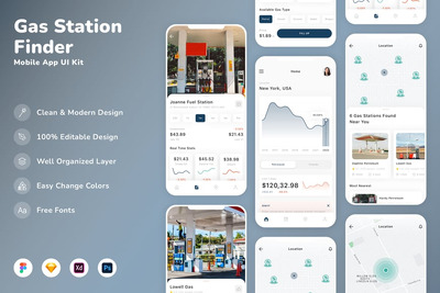 加油站查找器移动应用  App UI Kit (SKETCH,FIG,XD,PSD)