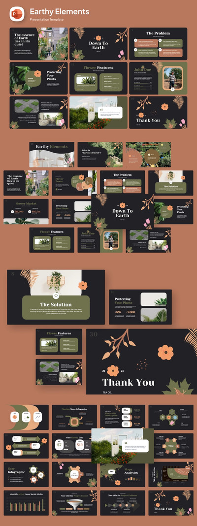 植物群大地色调元素 PPT模板 (PPTX)