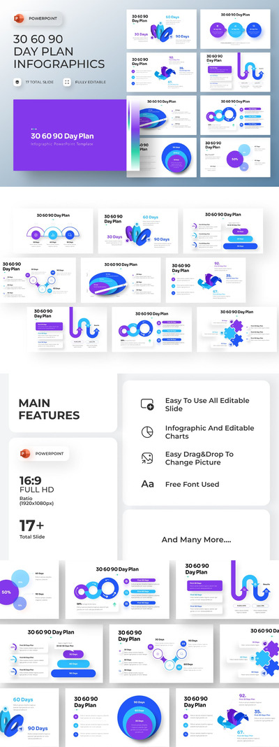 30 60 90 天计划信息图表PPT模板 (PPTX)