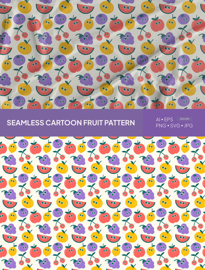 无缝彩色卡通水果图案 001 (AI,EPS,PNG)