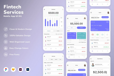 金融科技服务移动应用 App UI Kit (SKETCH,FIG,XD,PSD)