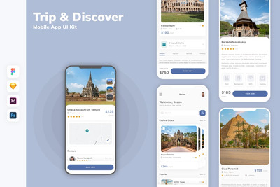 旅行 & 发现 移动应用  APP UI Kit (SKETCH,FIG,XD,PSD)