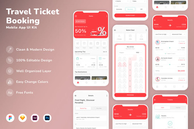 旅游机票预订移动应用  APP UI Kit (SKETCH,FIG,XD,PSD)