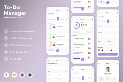 待办事项管理器移动应用 APP UI Kit (SKETCH,FIG,XD,PSD)