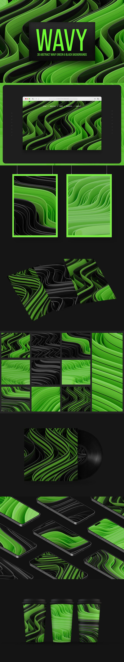 绿色和黑色 3D 抽象波浪背景 (JPG)