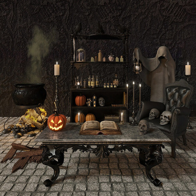 包含骷髅头 南瓜灯的室内万圣节装饰组合3D模型（OBJ,FBX,MAX）