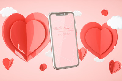 具有情人节概念的智能手机模型 (JPG,PSD)