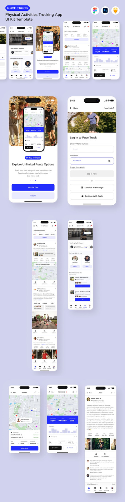 跑步步行运动配速追踪器移动应用 APP UI KIT (FIG,PSD,SKETCH)