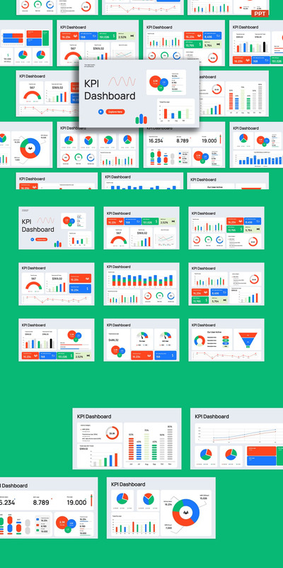 红蓝色现代 KPI 仪表板模板PPT模版 (PPT,PPTX)