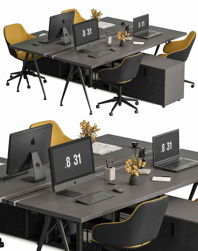 4人座办公桌椅 办公室家具3D模型（OBJ,MAX）