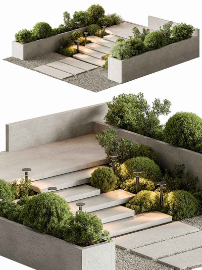 包含鹅卵石地面 石板楼梯和绿植的花园景观3D模型（OBJ,MAX）